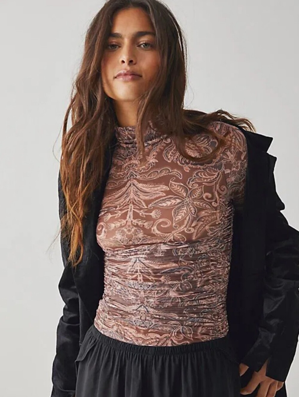 🌻212.Free People Under It Mesh Ruched Paisley Long-Sleeve Bodysuit